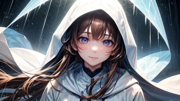 A gentle smile、woman、Beautiful long brown hair、White hoodie,Clothes that are wet from the rain and slightly transparent,Rain in the city,rain,Weather,Ultra-high resolution, Accurate, Super detailed, Textured skin, High detail, highest quality, 8k, Detailed...