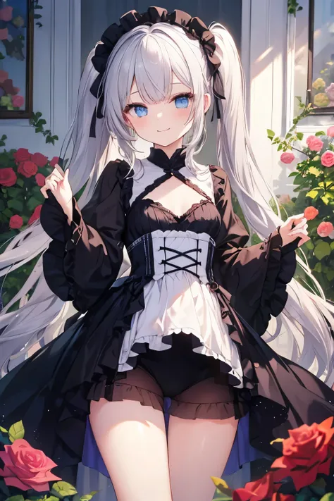 Silver Hair、Blue Eyes、girl、Small breasts、Twin tails、girl、Small breasts、Lolita、Bright smile、Looks about 15 years old、Petan Musume、He is short、目のhighlight、Sexy thighs、Rose Garden、Colorful roses in abundance、Mine-based costumes、Your eyes are so beautiful、high...