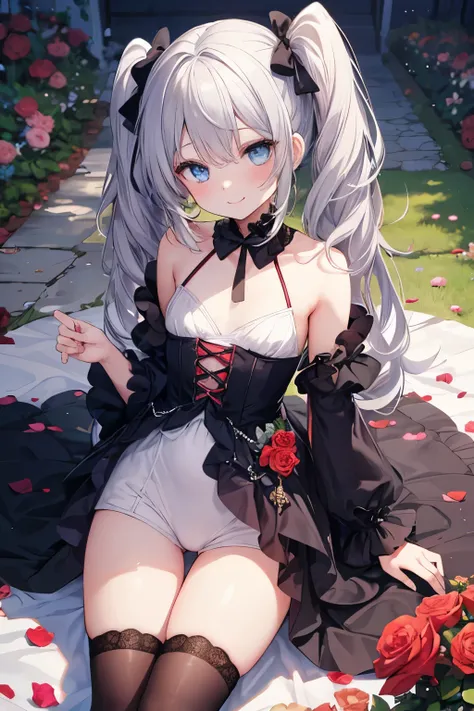 Silver Hair、Blue Eyes、girl、Small breasts、Twin tails、girl、Small breasts、Lolita、Bright smile、Looks about 15 years old、Petan Musume、He is short、目のhighlight、Sexy thighs、Rose Garden、Colorful roses in abundance、Mine-based costumes、Your eyes are so beautiful、high...