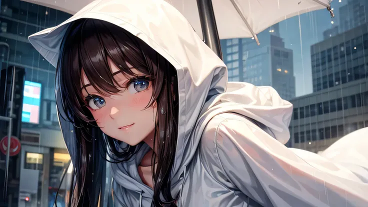 A gentle smile、woman、Beautiful long brown hair、White hoodie,Clothes that are wet from the rain and slightly transparent,Wet Hair,Wet clothes,office Street,rain,Weather,Ultra-high resolution, Accurate, Super detailed, Textured skin, High detail, highest qua...