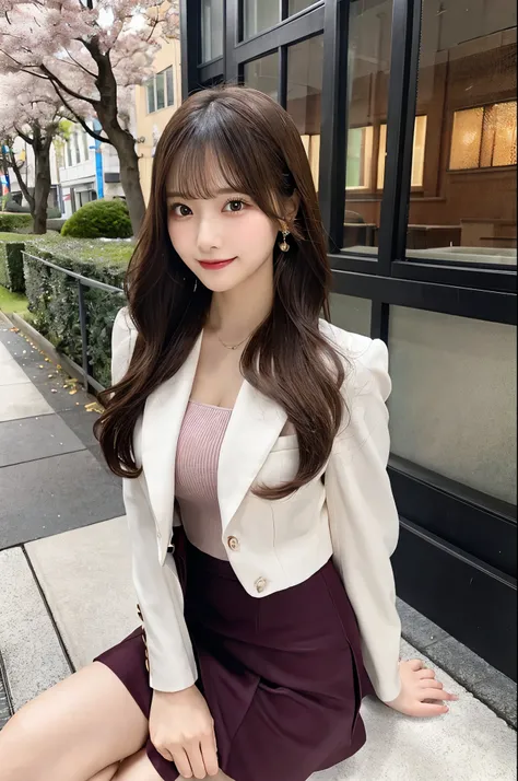 beauty secretary、office、Woman crossing legs、An unbuttoned cherry-colored jacket、（Brown Eyes、Double eyelids、Sparkling Eyes、Very beautifully detailed eyes）、Cherry blossom suit、Tight Skirt、Cleavage（Very large breasts、Very thin and long legs、Perfect figure、Hig...