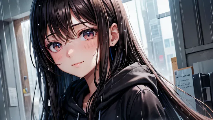 A gentle smile、woman、Beautiful long brown hair、Black hoodie,Clothes that are wet from the rain and slightly transparent,Wet Hair,Wet clothes,office Street,rain,Weather,Ultra-high resolution, Accurate, Super detailed, Textured skin, High detail, highest qua...