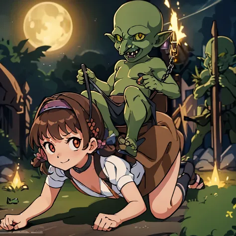 masterpiece, (((goblinriding, a goblin is riding a girl))), goblin, mutiple goblins, goblins, (((all fours))), 1girl, (dress:1.1...