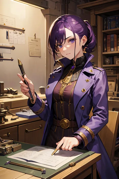 D&d artificer in a purple trenchcoat with gold trim working on a new automoton on a workbench, high detail, accurate hands, detailed face