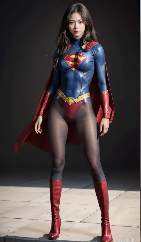 No background、(((Beautiful legs in black tights.)))、(((Legally express the beauty of your smile)))、((((Make the most of your original images)))、(((Supergirl Costume)))、(((Beautiful Hair)))、(((suffering)))、(((Please wear black tights....、Wear red boots)))、(...