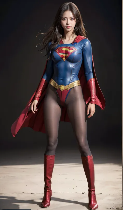 No background、(((Beautiful legs in black tights.)))、(((Legally express the beauty of your smile)))、((((Make the most of your original images)))、(((Supergirl Costume)))、(((Beautiful Hair)))、(((suffering)))、(((Please wear black tights....、Wear red boots)))、(...