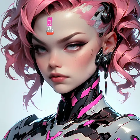 Masterpiece, Best Quality, dramatic,gritty, intense, intricate outit, alluring figure, delicious company, delicate face,((head, hands and feet in frame)), full body picture,1girl,fit,small breasts, stunning cyborg woman with shaved hair (posing next her bi...