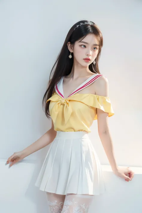 Perfect young white-collar woman, China, The picture quality is high, the masters, Black hair, Like spring, Single horsehair, Hair accessories, Off-the-shoulder, clavicle, Delicate face, Water dots red lips, face fill light, ((Dress up in colorful and styl...