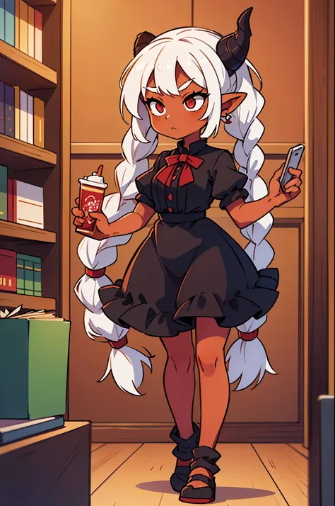 4k ultra HD full length head to toe Tiefling woman, bright red skin, white hair in short pigtail braids, a black frilly dress, standing in a LIBRARY