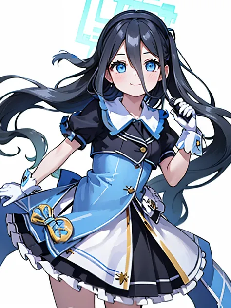 masterpiece, hd, realistic,  alice, black hair, blue eyes, long hair, wear idol dress, blue and white color idol dress, short sl...