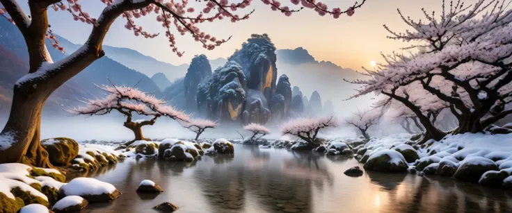 Black and White Photography,Stereoscopic photography,Large depth of field,High Definition,Scenery photography,National Geographic award-winning works,8k,George Digarakis,Plum tree,(Delicate large plum blossom),(Running Water),(Odd-shaped tree trunks and br...