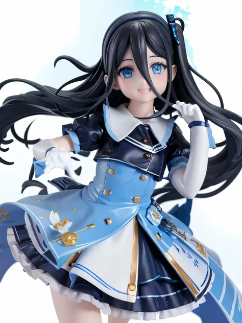 masterpiece, hd, realistic,  alice, black hair, blue eyes, long hair, wear idol dress, blue and white color idol dress, short sl...