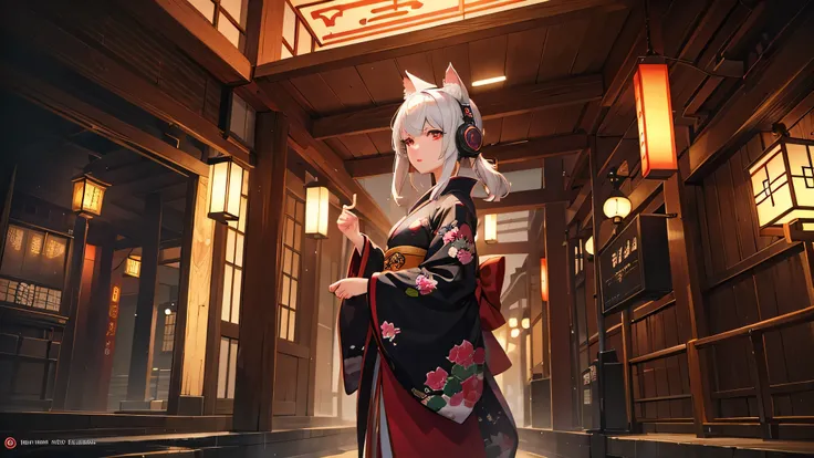High resolution, high quality, masterpiece.An anthropomorphic cat wearing headphones and wearing traditional Japanese clothing, spring, Japanese Landscape, Temple, cinematic light, Lots of details, Realistic, 4K, cinema, amazing, rain, Neon atmosphere, gea...