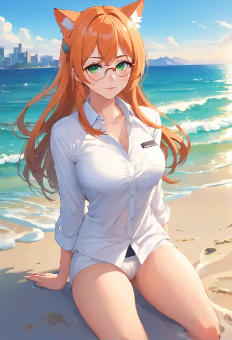 (masterpiece, Best quality), 8K, ultra detailed, realistic photo, Detailed face, perfect lighting, green eyes, bright orange hair, bright hair, fox ears, nice legs, side photo, beautiful, Cute, skin pores, 1 girl, perfect shirt, fully dressed, beautiful wo...