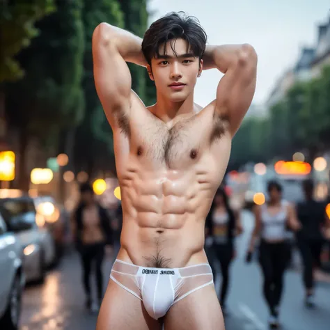 Full body, Sheer Transparent thong, very hairy armpits, Very crowded street, Topless, shirtless, 17 years old boy, very young boy, Cinematic soft lighting illuminates a stunningly detailed and ultra-realistic handsome Chinese male supermodel, ultra short m...