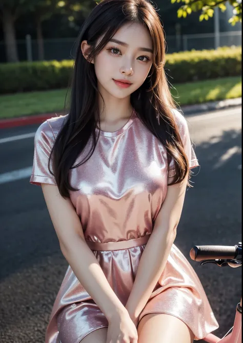 a beautiful Korean girl,1girl,beautiful detailed eyes, beautiful detailed lips, extremely detailed eyes and face, long eyelashes,riding a 2000 MV Agusta F1 race bike,(pink bike),(silky glitter peach colour t-shirt), tight above knee length skirt,(sitting o...