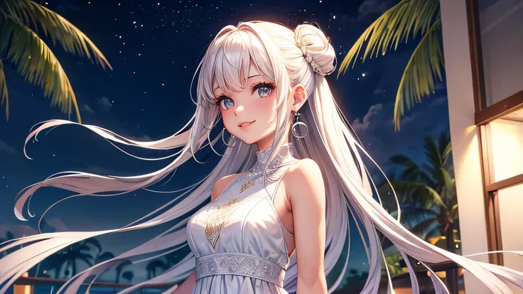 One girl,  dress, Earrings, indoor, jewelry,  smile, alone, Are standing,  white dress, Wind, Window, Dynamic pose, Single hair bun, Upper Body, 
masterpiece, highest quality, Intricate details, Anime screenshots, 雨
a full moon is seen behind Palm tree on ...