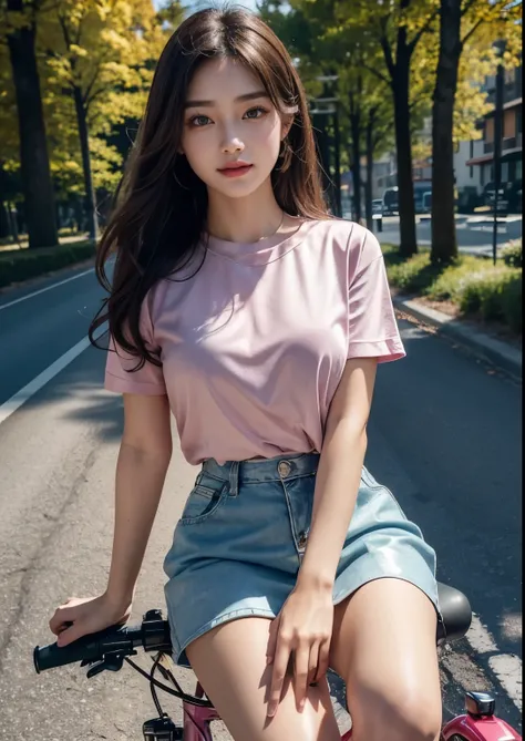 a beautiful Korean girl,1girl,beautiful detailed eyes, beautiful detailed lips, extremely detailed eyes and face, long eyelashes,(riding a 2000 MV Agusta F1 race bike),(pink bike),(silky glitter Teal colour t-shirt), tight above knee length skirt,(sitting ...