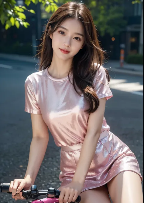 a beautiful Korean girl,1girl,beautiful detailed eyes, beautiful detailed lips, extremely detailed eyes and face, long eyelashes,(riding a Norton V4 SV bike),(pink bike),(silky glitter Magenta colour t-shirt), tight above knee length skirt,(sitting on bike...