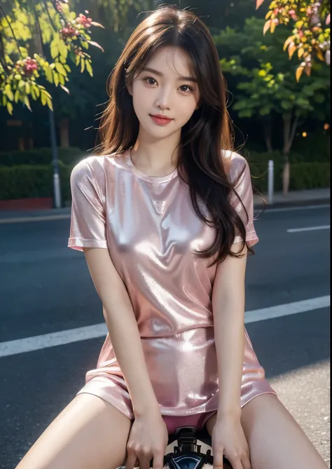 a beautiful Korean girl,1girl,beautiful detailed eyes, beautiful detailed lips, extremely detailed eyes and face, long eyelashes,(riding a Norton V4 SV bike),(pink bike),(silky glitter Magenta colour t-shirt), tight above knee length skirt,(sitting on bike...