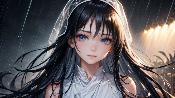 A gentle smile、woman、Beautiful long light black hair,Fashionable hairstyle,Stylish and cute white clothes,Ripped jeans,Clothes that are wet from the rain and slightly transparent,Wet Hair,rain,Weather,Ultra-high resolution, Accurate, Super detailed, Textur...