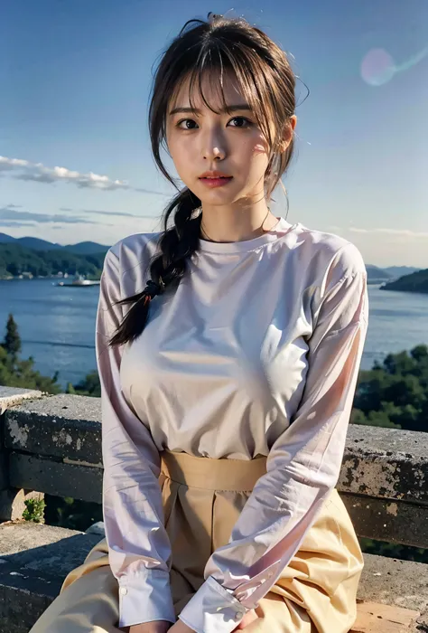 Tie your hair up、The sky is dyed red、Woman in casual clothes sitting on a mountain top watching the sunset、Her huge breasts are obvious even through her clothes、The shining sun is very beautiful、Dusk Comes、Lens flare、I can see the sun setting、（（The sunligh...