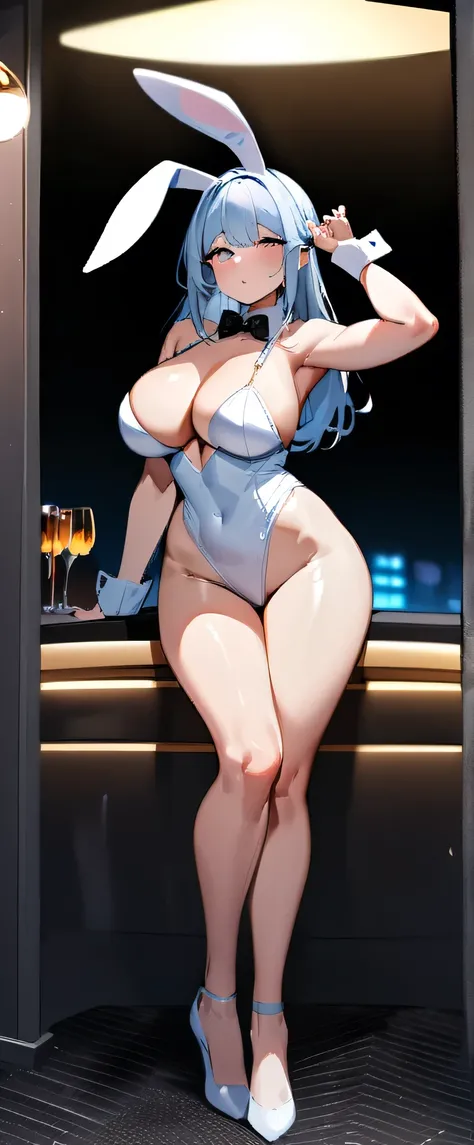 masterpiece, best quality, very aesthetic, absurdres, full body shot, 1woman, beautiful busty milf, Bunny girl costume, detailed highest part of bunny ears, night club, focus on bunnys ears