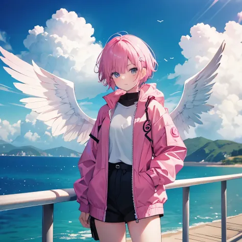 16-year-old girl，Pink Short Hair，wing，Hello，Windbreaker