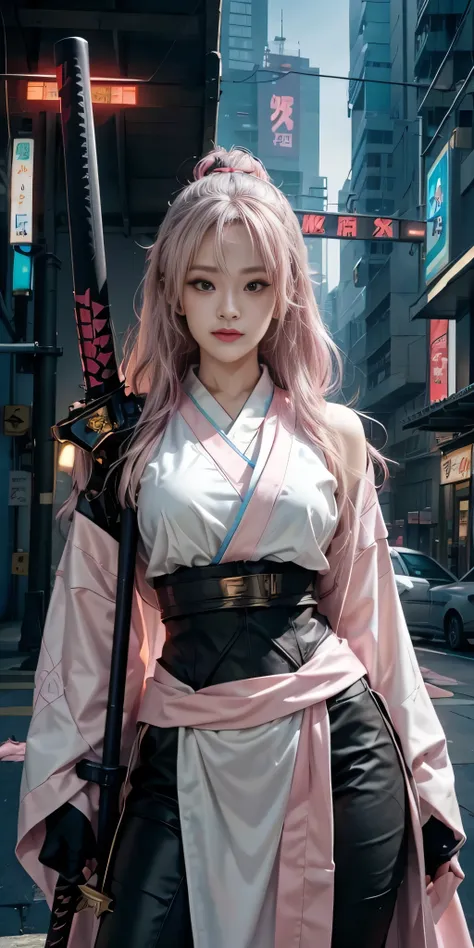 arafed woman in a pink kimono with a sword in a city, very beautiful cyberpunk samurai, anime girl cosplay, anime cosplay, anime...