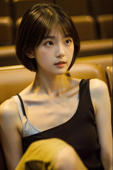 girl，Alone，Looking at the audience，short hair，Brown hair，Black hair，Bare shoulders，Brown eyes，Sitting，clavicle，Shoulder，Lips，Gradient，Gradient背景，Sliding strap，lifelike