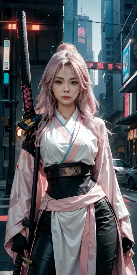 arafed woman in a pink kimono with a sword in a city, very beautiful cyberpunk samurai, anime girl cosplay, anime cosplay, anime...