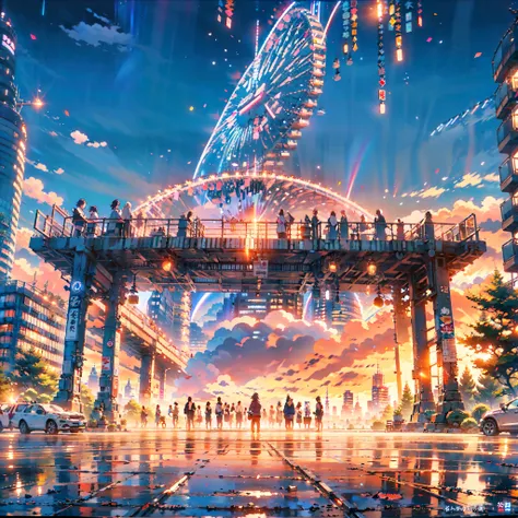 
Create a breathtaking anime-style cityscape reminiscent of Makoto Shinkais artwork. The scene is set in a bustling Japanese city during twilight, where the sky is painted with hues of deep blue and orange as the sun sets. The citys skyline is filled with ...