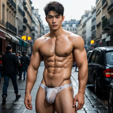 Full body, Sheer Transparent thong, very hairy armpits, Very crowded street, Topless, shirtless, 17 years old boy, very young boy, Cinematic soft lighting illuminates a stunningly detailed and ultra-realistic handsome Chinese male supermodel, ultra short m...