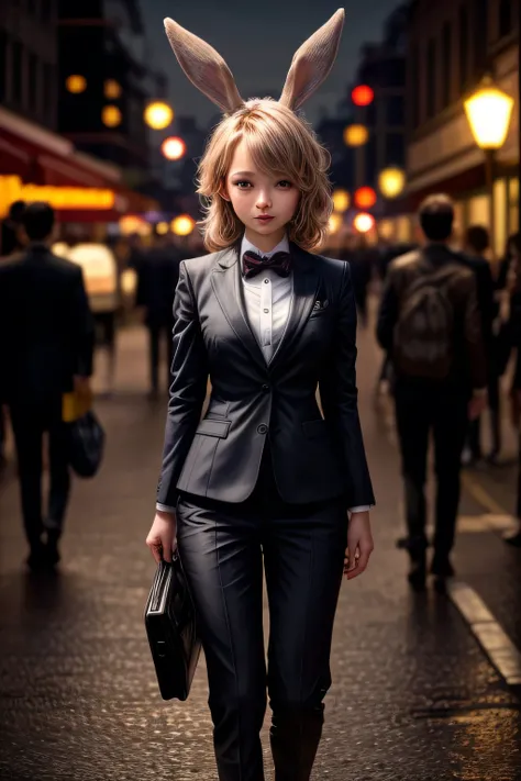 A photo of a rabbit in a neat suit, adorable face, cute expression, Perfect Anatomy, detailed rabbits ears, focus on the peak of rabbits ears, beautiful views, Detailed face. full body shot, night street