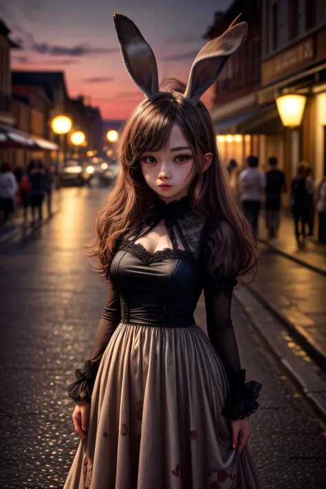 A photo of a rabbit in a neat dress, adorable face, cute expression, Perfect Anatomy, detailed rabbits ears, focus on the peak of rabbits ears, beautiful views, Detailed face. full body shot, night street