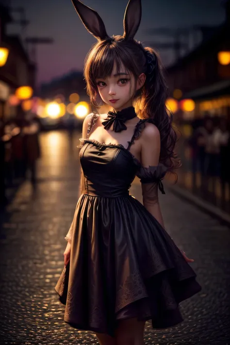 A photo of a rabbit in a neat dress, adorable face, cute expression, Perfect Anatomy, detailed rabbits ears, focus on the peak of rabbits ears, beautiful views, Detailed face. full body shot, night street