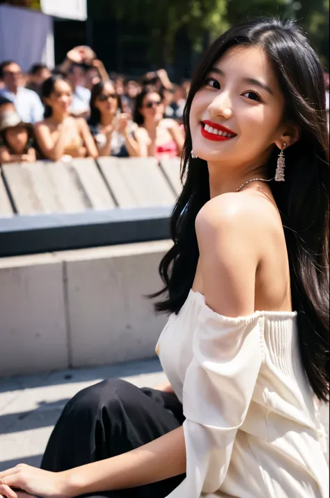 girl，solo，Long hair，Looking at the audience，Black Hair，dress，Off-shoulder，Jewelry，Sitting，earrings，necklace，白色dress，Lips，perspective，make up，Lipstick，Realism，Red lips，珍珠necklace，magazine cover，perspectivedress，Smile，Large Breasts，Smile，Sweet，Moderate，Shy