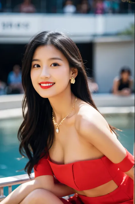 girl，solo，Long hair，Looking at the audience，Black Hair，dress，Off-shoulder，Jewelry，Sitting，earrings，necklace，白色dress，Lips，perspective，make up，Lipstick，Realism，Red lips，珍珠necklace，magazine cover，perspectivedress，Smile，Large Breasts，Smile，Sweet，Moderate，Shy