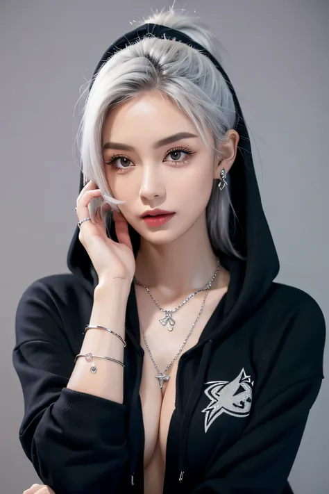 , huge, Double tail, Silver Hair, hoodie, Retro Gothic, posture, Lovely, Face Up, high quality, necklace, ring, bracelet, earrings