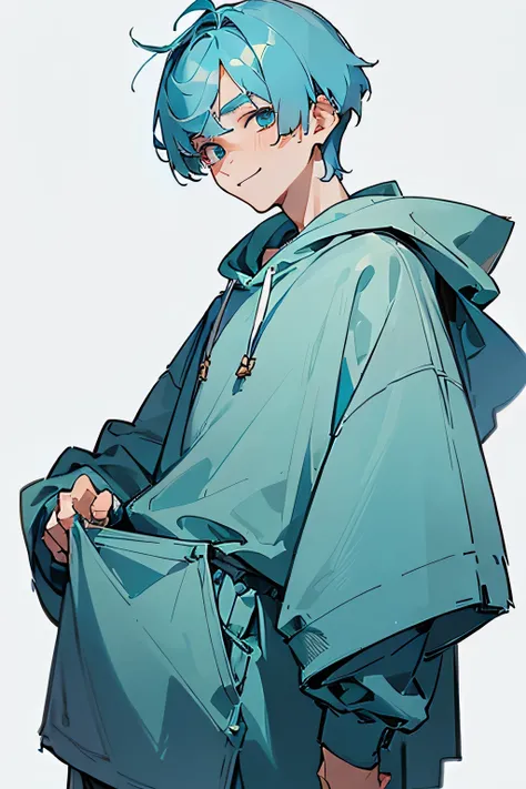 masterpiece , best quality , detailed , ((( 1 boy:1.3 ))) , ( boy focus:1.2 ) , ( skyblue hair ) , (boy hairstyle:1.3), short length hair , (heavy bangs:1.2) , side parted bangs , ( male face:1.3 ) , oversized wear , palegreen hoodie , sharp nose , skyblue...