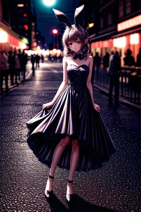 A photo of a rabbit in a neat dress, adorable face, cute expression, Perfect Anatomy, detailed rabbits ears, focus on the peak of rabbits ears, beautiful views, Detailed face. full body shot, night street