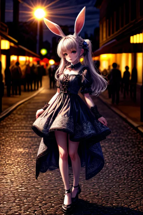 A photo of a rabbit in a neat dress, adorable face, cute expression, Perfect Anatomy, detailed rabbits ears, focus on the peak of rabbits ears, beautiful views, Detailed face. full body shot, night street