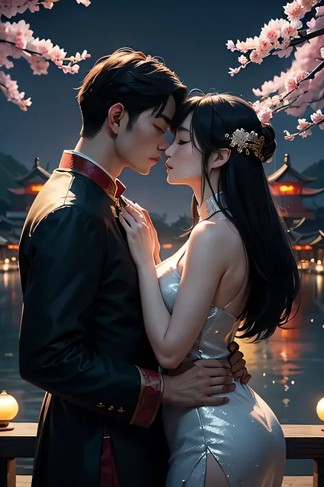  couple , chinese woman , chinese man  ,  as king and queen  ,  

Pose: Embracing each other, sharing a kiss.
Backdrop:

Setting: Modern interpretation of an ancient Chinese kingdom.
Lighting: Moonlit night, full moon.
Elements: Sleek pagodas, contemporary...