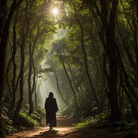 a Middle Eastern man named Samir, walking through a lush forest in Lebanon, detailed facial features, long hair, intricate robes, sunlight filtering through the trees, mossy rocks, overgrown foliage, warm color palette, dramatic lighting, (best quality,4k,...