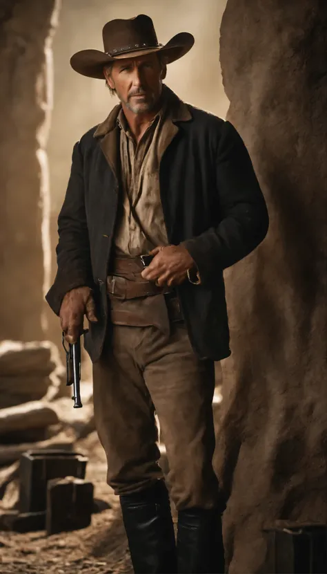 movie「Silverado」In the high definition scene of the duel scene、Kevin Costner plays a rugged frontier lawman.、In the realistic world of the movie, he skillfully wields a gun with both hands.。This moment when the soft natural light shines in、The intricate de...