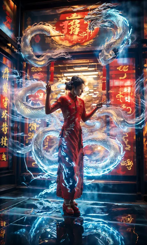 white holographic dragon, 1个giant breast girl(red cheongsam:1.5)
a shot full of tension(the sky glows red,visual shock,give y...