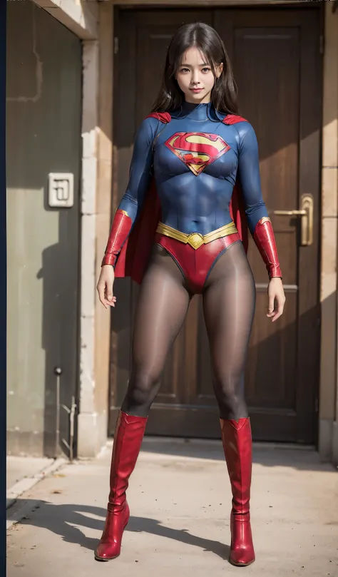 No background、(((Beautiful legs in black tights.)))、(((Legally express the beauty of your smile)))、((((Make the most of your original images)))、(((Supergirl Costume)))、(((Beautiful Hair)))、(((suffering)))、(((Please wear black tights....、Wear red boots)))、(...