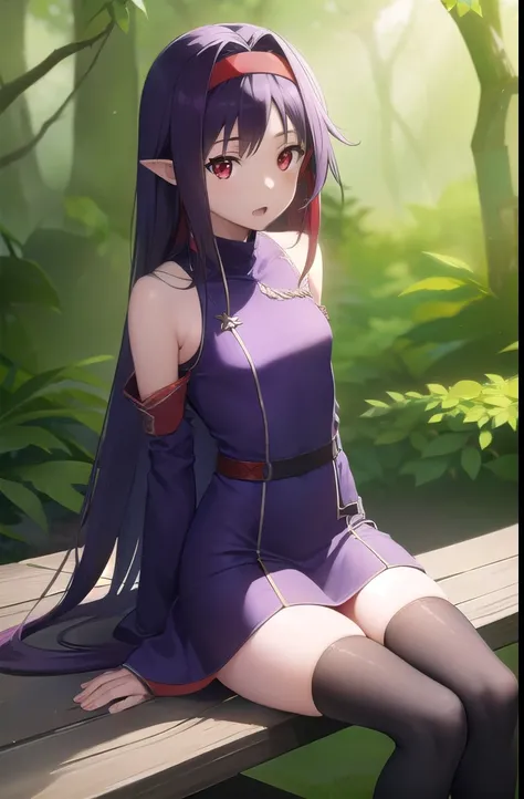 yuukikonno, yuuki konno, hairband, long hair, pointy ears, purple hair, (red eyes:1.5), (small breasts:1.2), open mouth,
BREAK black thighhighs, detached sleeves, thighhighs, dress, purple dress, armor, purple armor,
BREAK looking at viewer, upper body, fu...