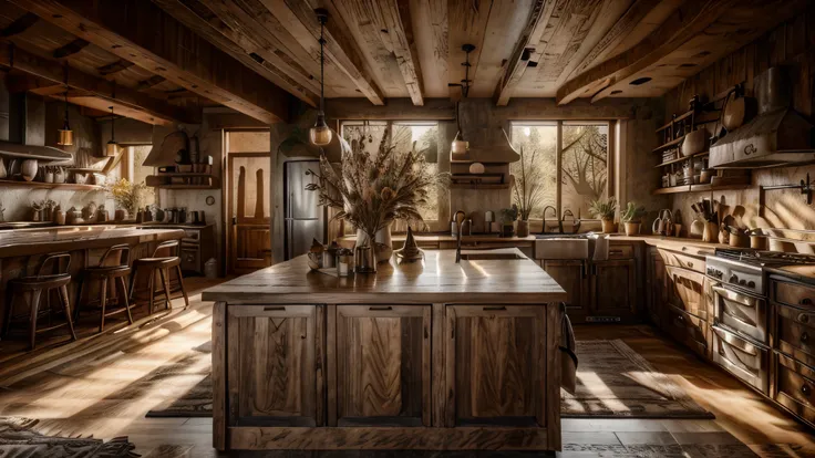 A cozy kitchen with wooden beams, vintage decor, and a large farmhouse sink. Use distressed wood finishes on cabinets and an island. Include a farmhouse dining table with mismatched chairs, open shelving, and a mix of natural materials like stone counterto...