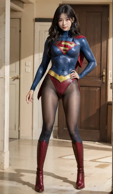 No background、(((Beautiful legs in black tights.)))、(((Legally express the beauty of your smile)))、((((Make the most of your original images)))、(((Supergirl Costume)))、(((Beautiful Hair)))、(((suffering)))、(((Please wear black tights....、Wear red boots)))、(...